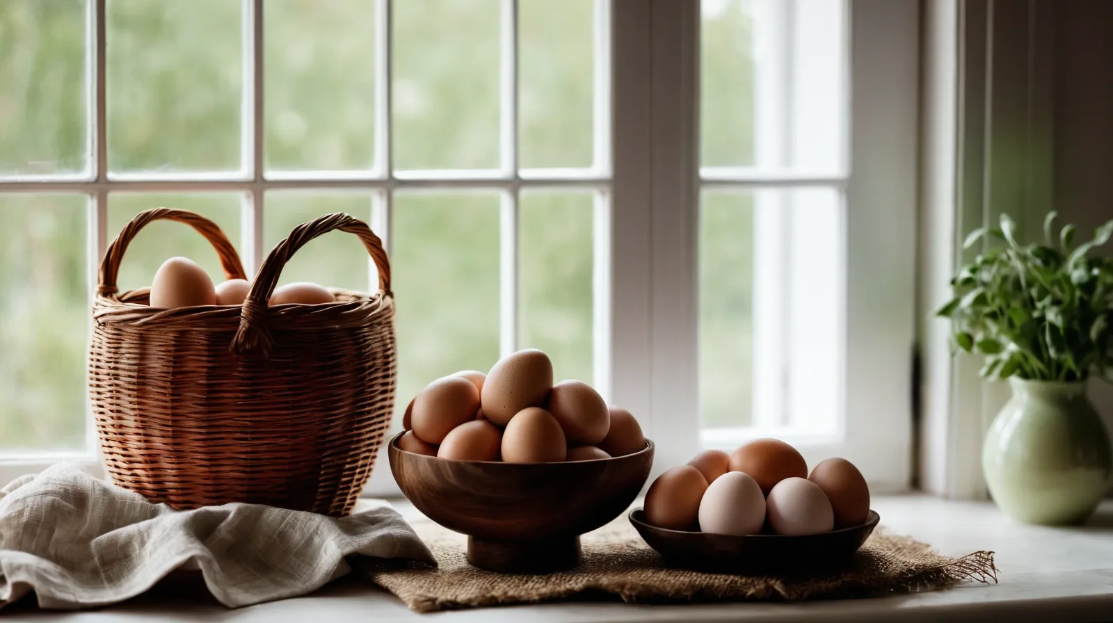 Two eggs against a rustic wooden background, one with a deep orange yolk, the other a lighter yellow.