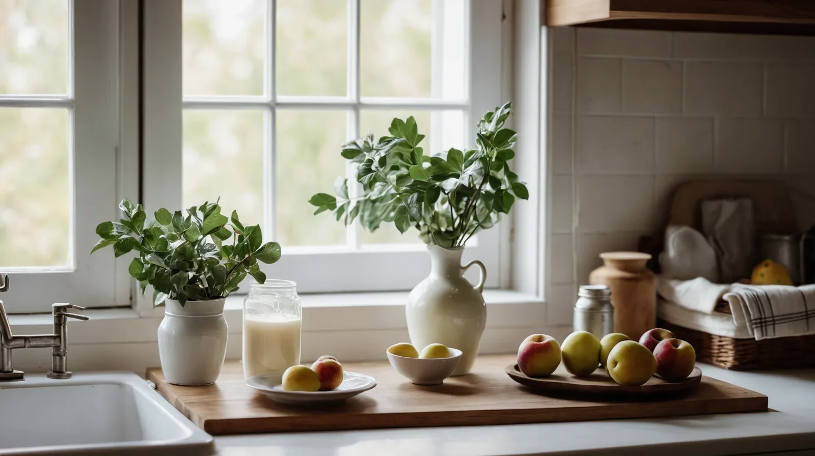 A jug of cream and a carton of half-and-half side by side on a kitchen counter