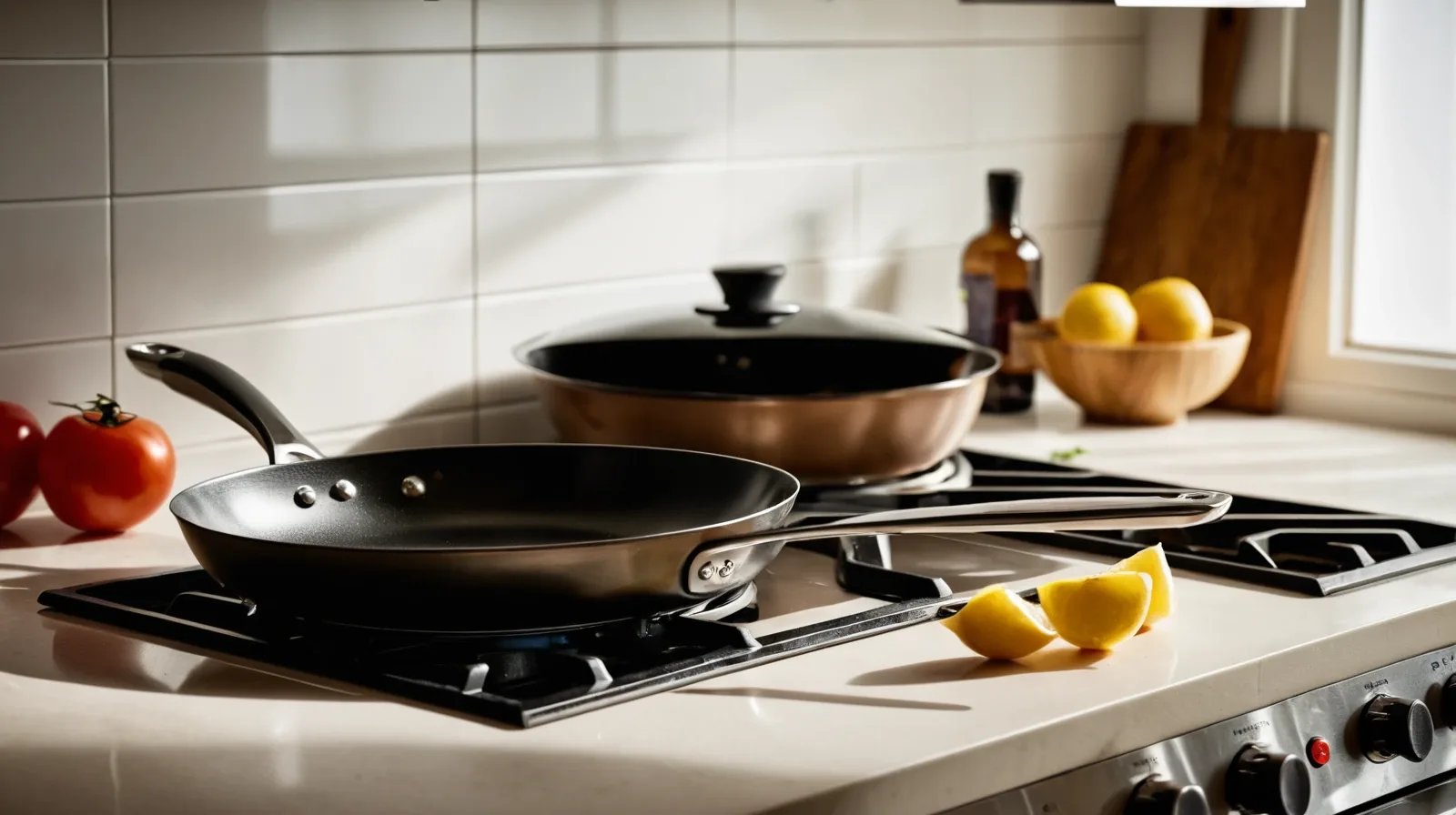 A stainless steel pan with diced vegetables browning in olive oil