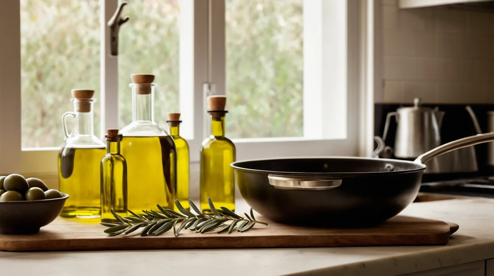 Bottles of olive oil lined up against a wooden background