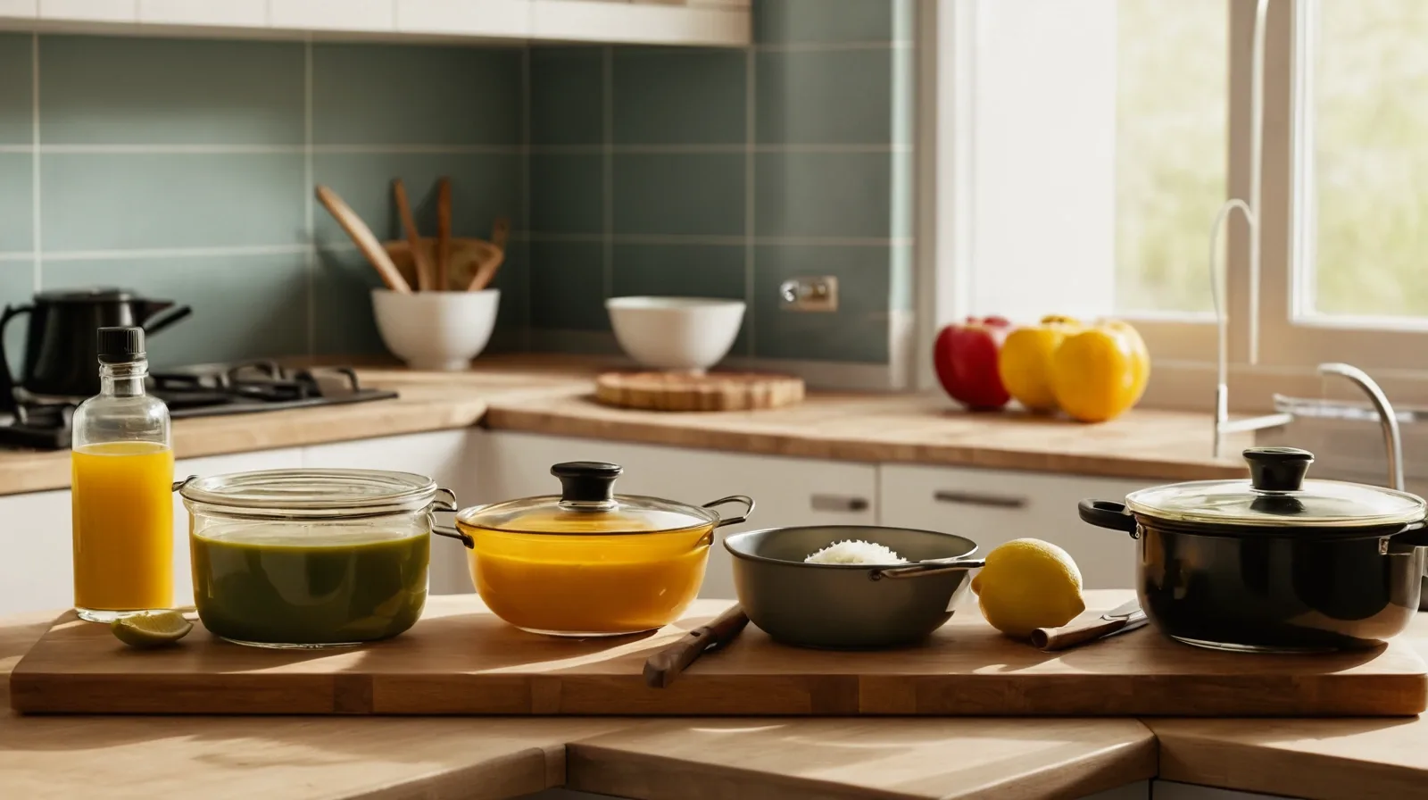 Five glass bowls with different colored sauces arranged on a wooden counter.