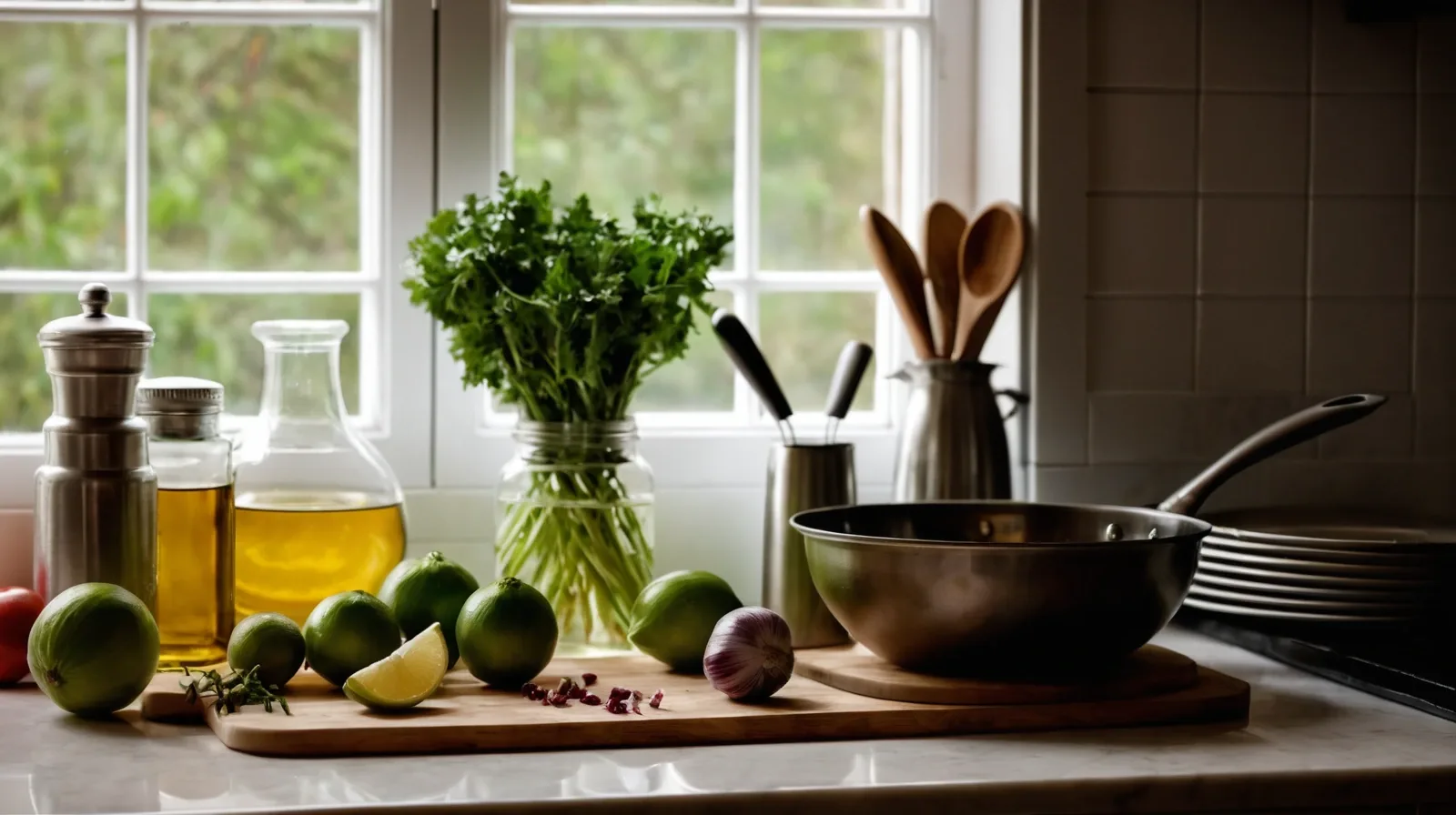 A rustic wooden cutting board with a variety of chopped aromatics: onions, garlic, and fresh herbs.