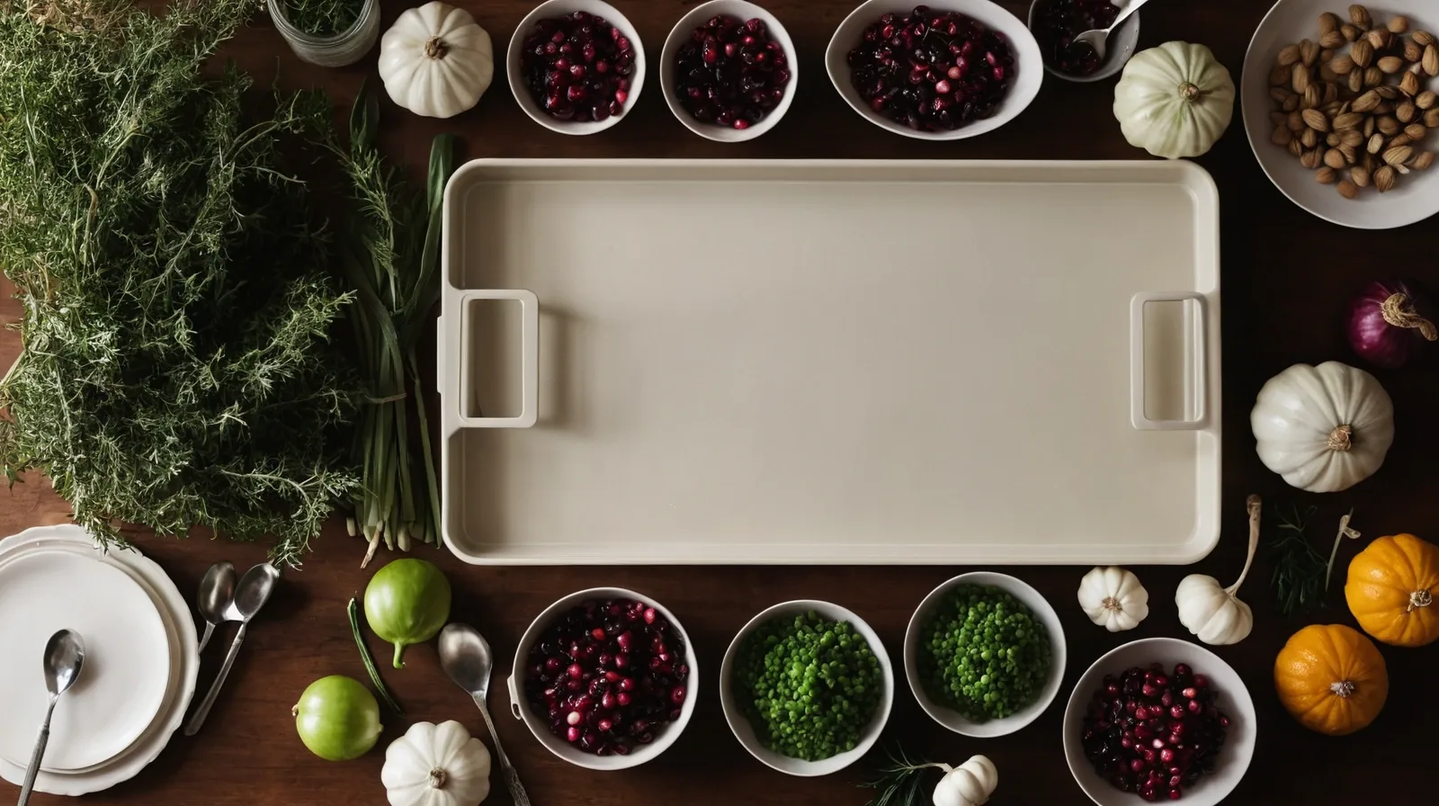 A rustic wooden table set with a roasted turkey, autumn vegetables, and a pumpkin pie.