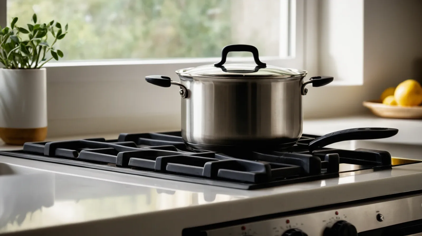 A stainless steel pot with a wooden spoon resting across the top, steam rising gently from the surface.