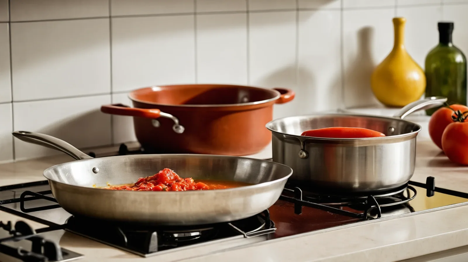 A close-up of tomato sauce simmering in a stainless steel pan