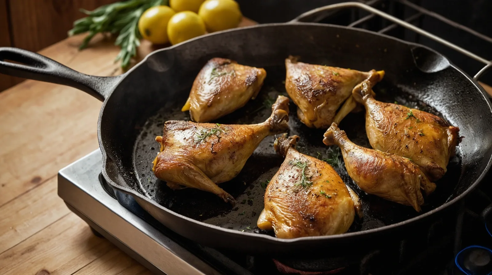 A cast iron skillet sitting on a wooden kitchen counter with a perfectly seared steak inside.
