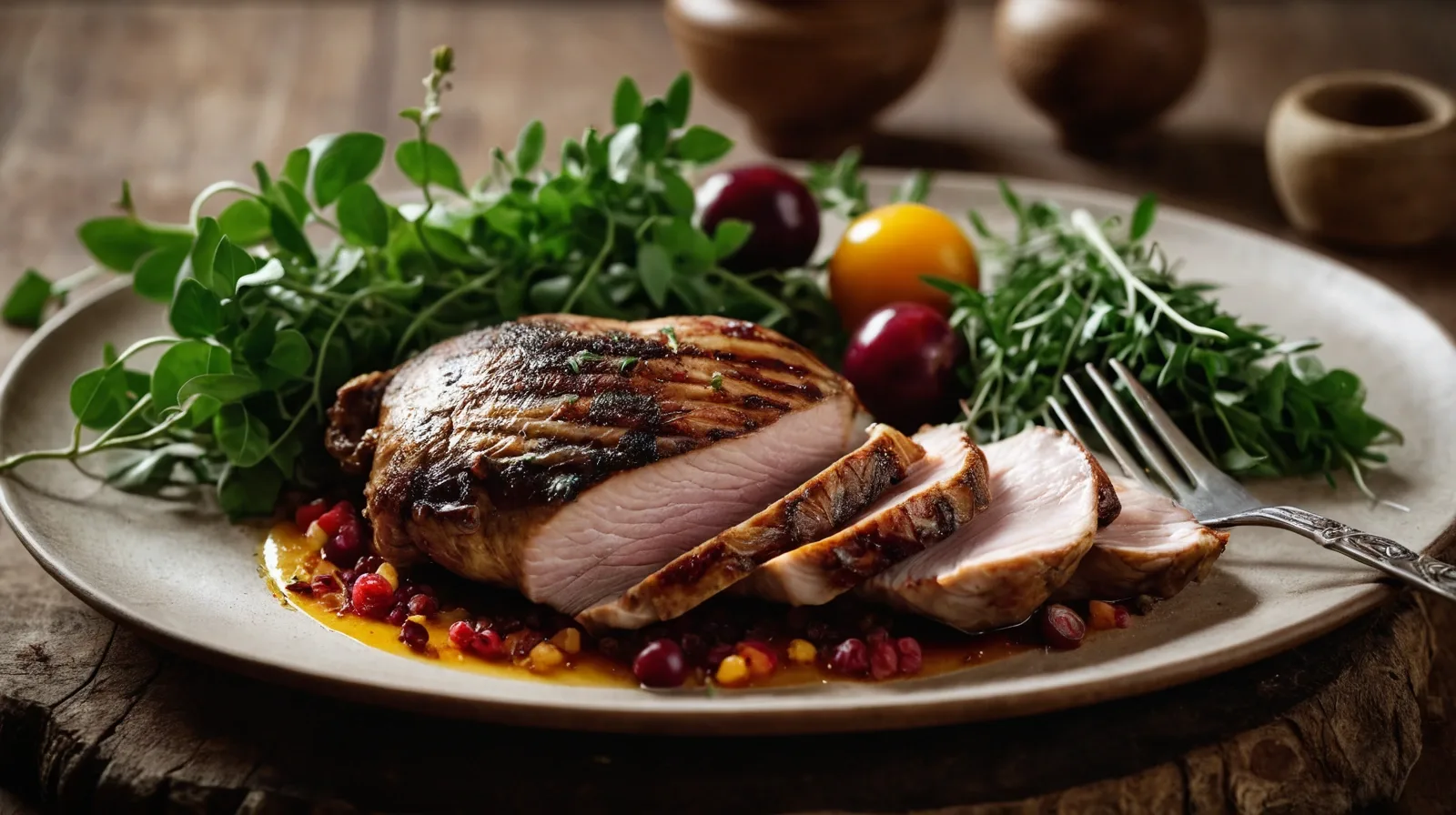A juicy roasted turkey resting on a wooden carving board