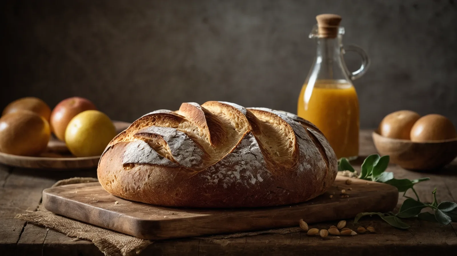 Golden brown loaf of bread on a wooden cutting board