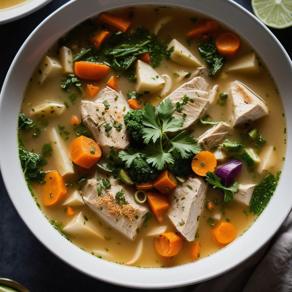 Steaming bowl of golden soup with chunks of chicken and colorful vegetables, sprinkled with fresh parsley.