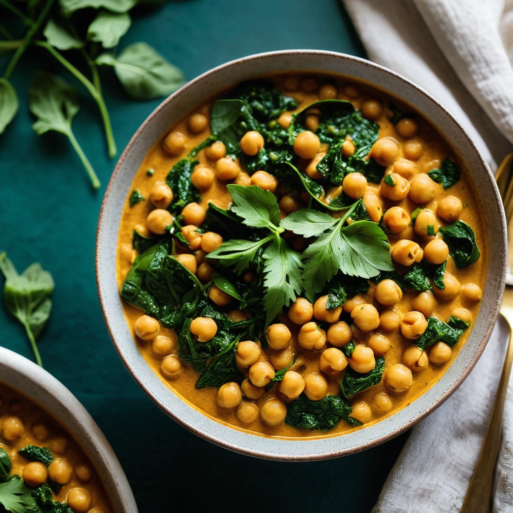 Golden curry in a bowl with vibrant green spinach and chickpeas, garnished with fresh cilantro.