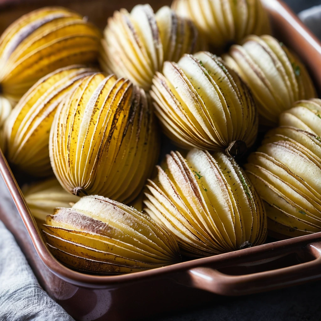 Stacked potato slices in a baking dish, golden brown and bubbly with melted cheese.