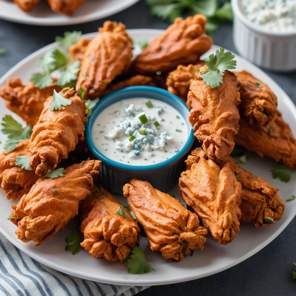 Plate of golden-brown air fryer buffalo chicken drumettes with a drizzle of blue cheese dressing and a sprinkle of fresh parsley.