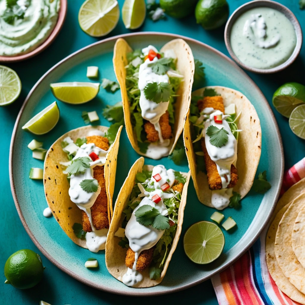 Warm corn tacos filled with crispy fish and drizzled with vibrant green lime crema, served on a colorful plate.