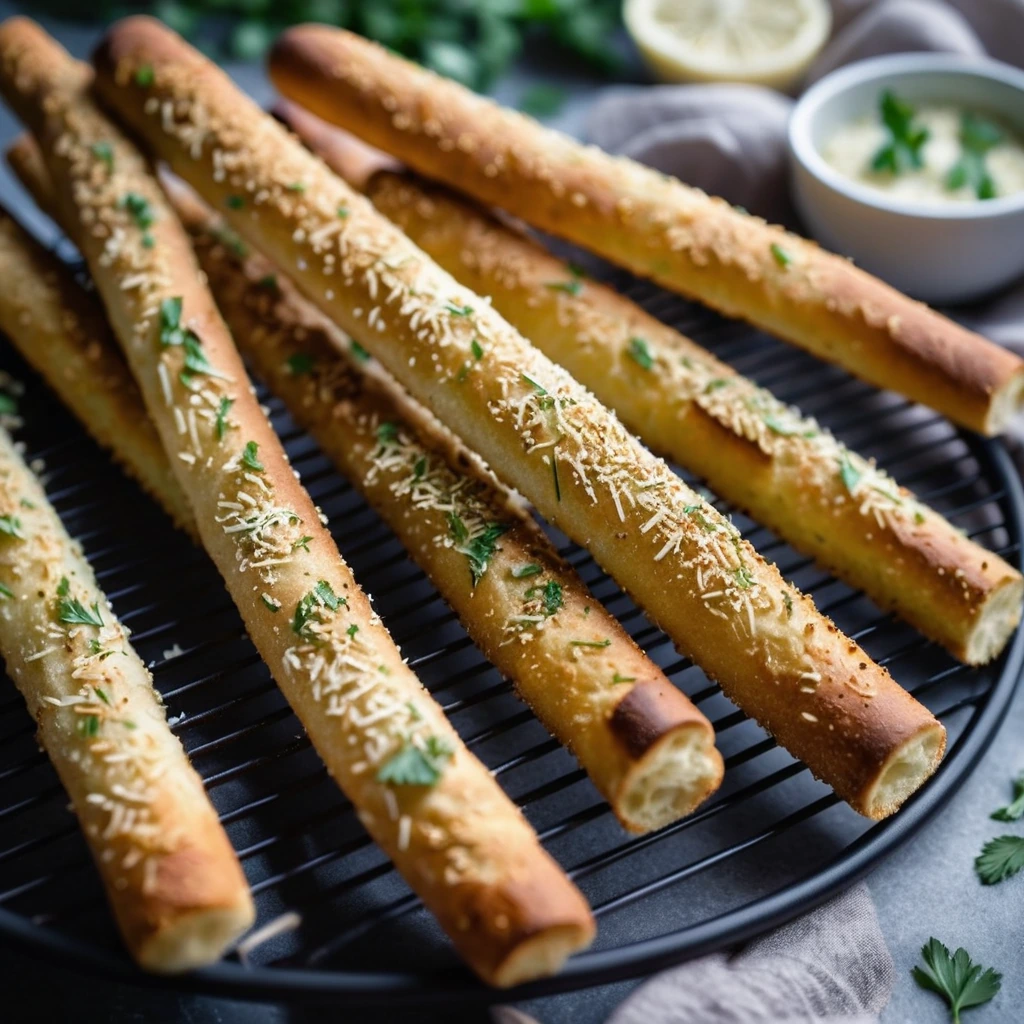 Golden brown breadsticks in a single layer on a wire rack, dusted with Parmesan and fresh parsley.