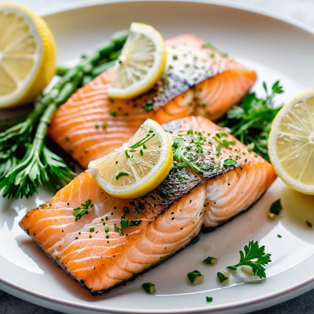 Golden salmon fillets on a plate, drizzled with lemon juice and garnished with fresh parsley.