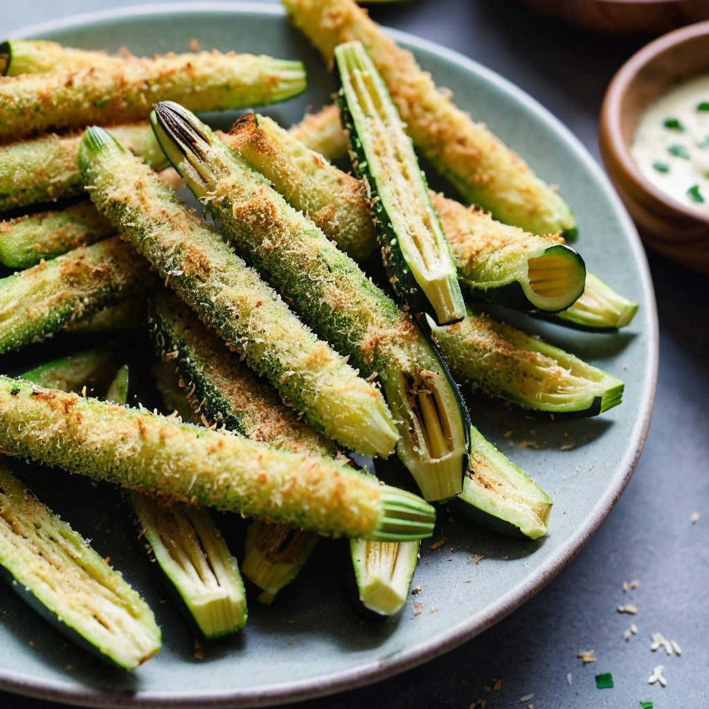 Golden brown zucchini fries dusted with Parmesan in a rustic serving bowl.