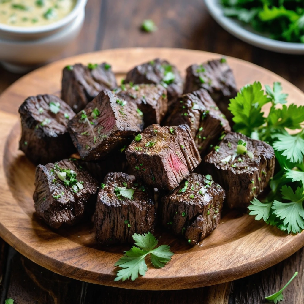 Golden-brown steak bites nestled in a pool of melted garlic butter, garnished with fresh parsley on a rustic wooden board.