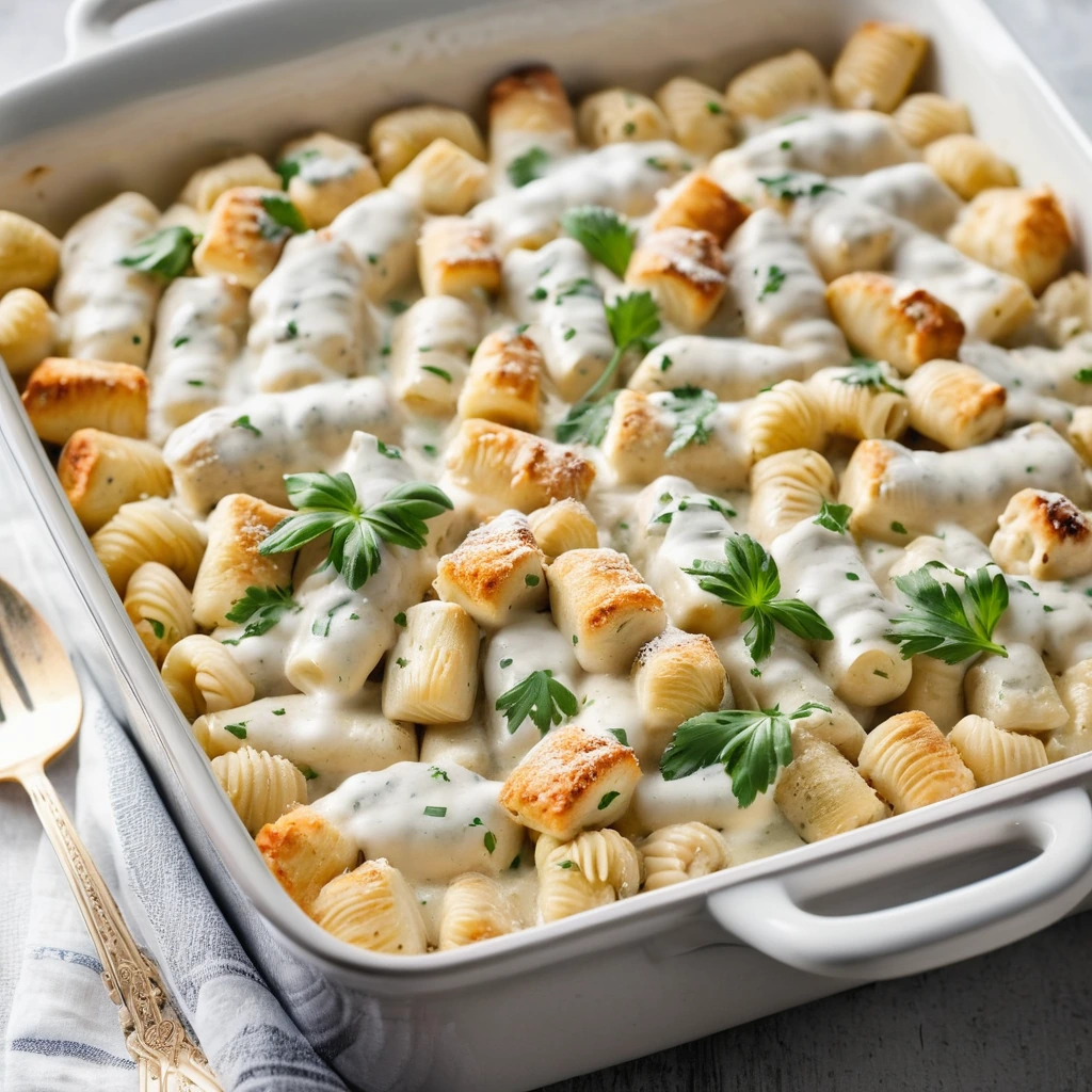 golden-brown casserole in a baking dish with white sauce, chicken chunks, and gnocchi, topped with melted cheese and parsley