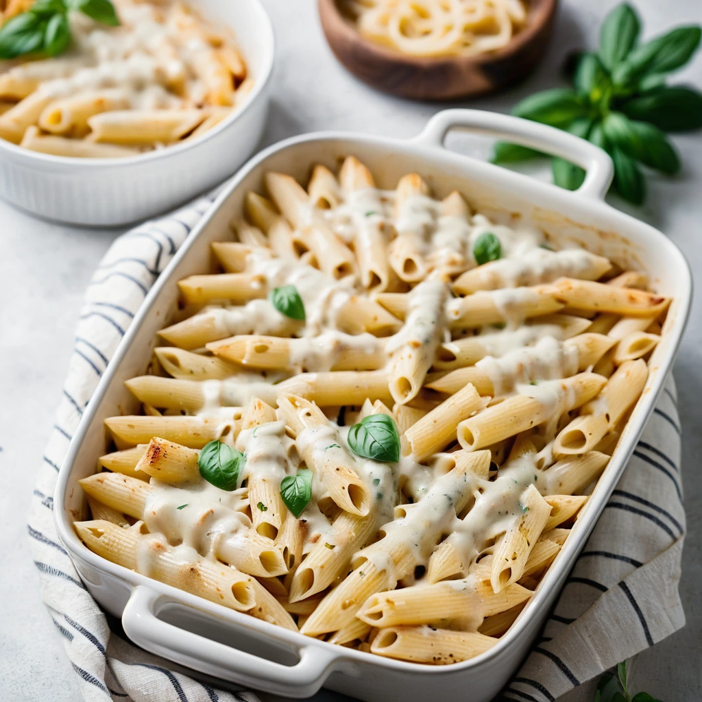 Baked pasta with alfredo sauce, chicken, and melted cheese in a rectangular baking dish.