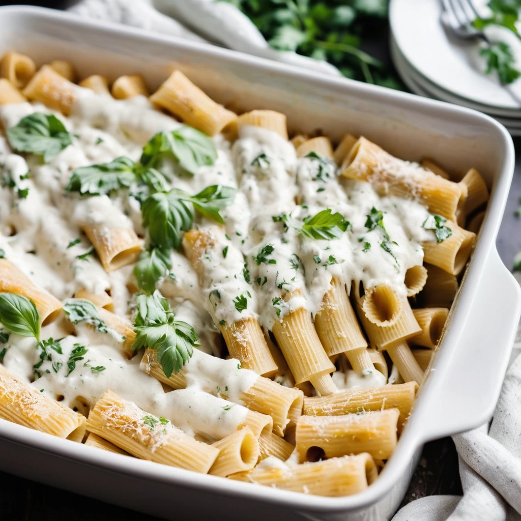 golden-brown casserole in a baking dish, topped with melted mozzarella and fresh parsley