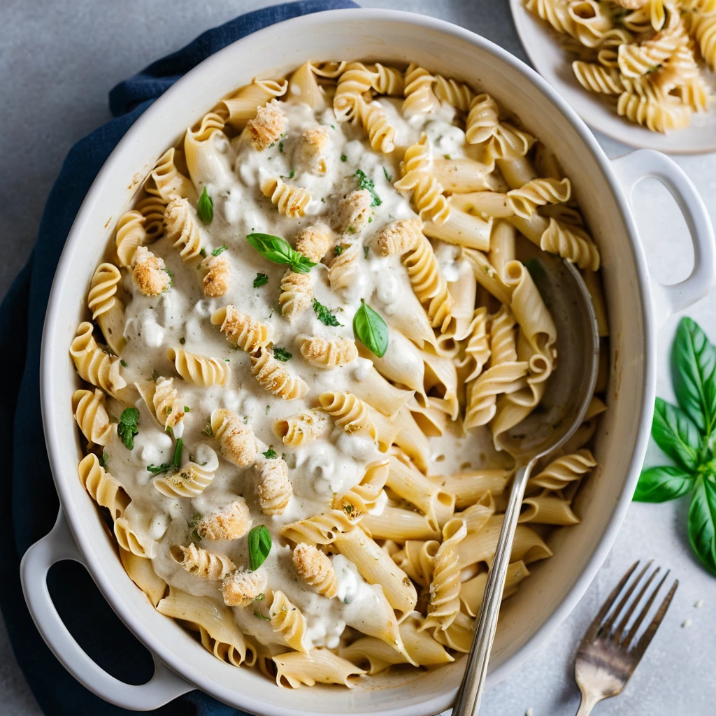 A bubbling casserole in a baking dish with a golden-brown top, featuring pasta shells, creamy white sauce, and chunks of chicken.