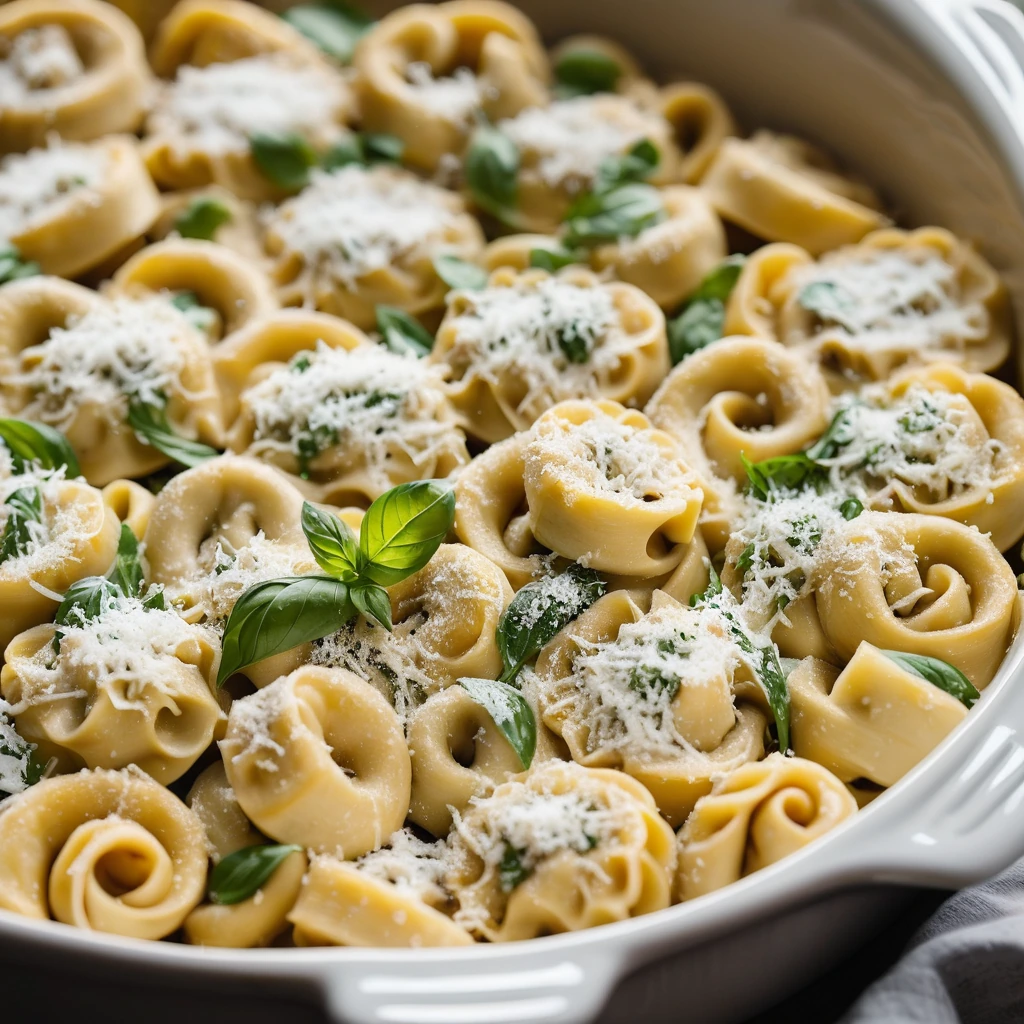 Golden bubbly casserole in a baking dish, topped with a sprinkle of parmesan and fresh basil.