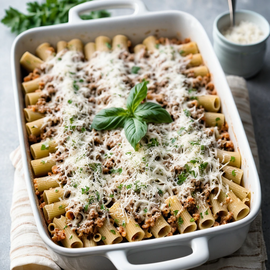 golden-brown bubbly pasta bake in a rectangular dish with melted cheese topping and a sprinkle of parsley