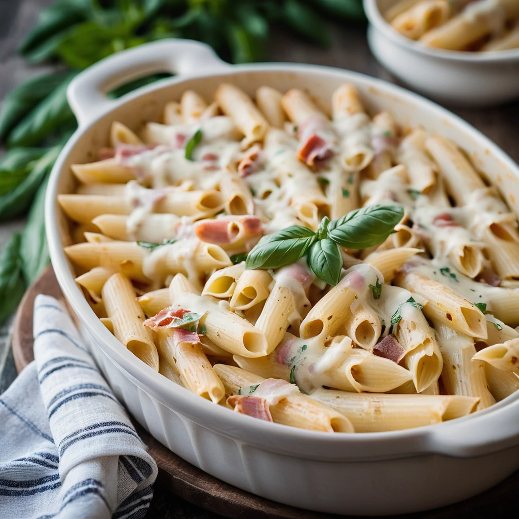 Baked penne pasta in a creamy white sauce topped with melted cheese and diced ham, served in a golden casserole dish.