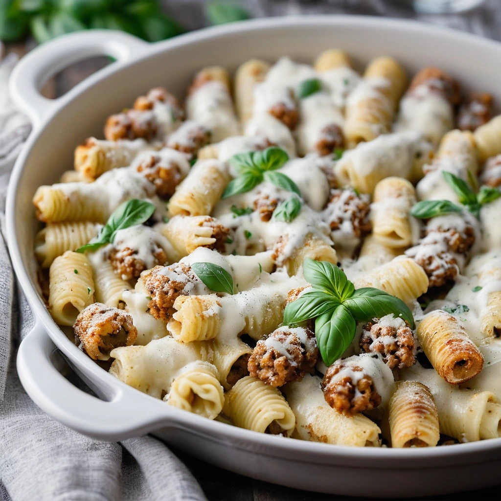 Baked pasta dish with gnocchi, Italian sausage, and creamy alfredo sauce, topped with melted mozzarella and breadcrumbs.