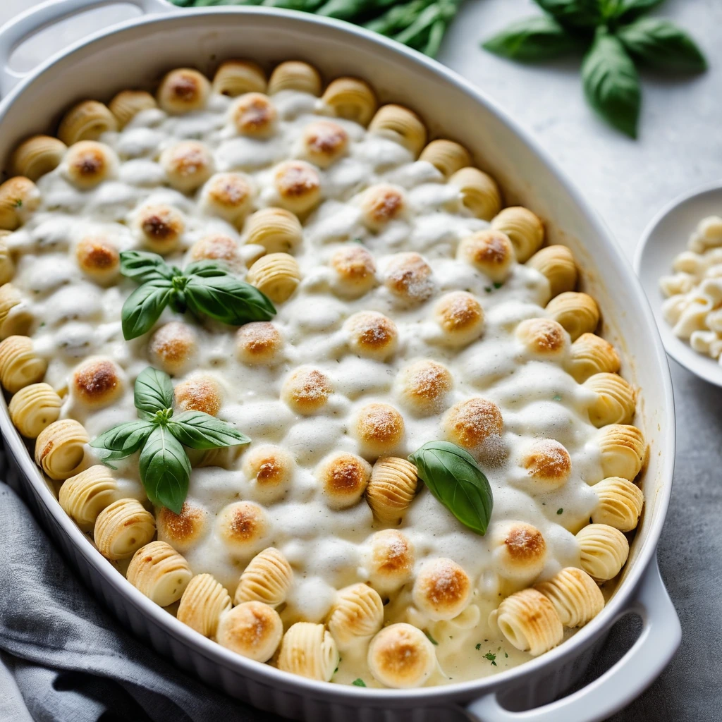 golden bubbly casserole in a baking dish with white sauce and gnocchi topped with melted mozzarella