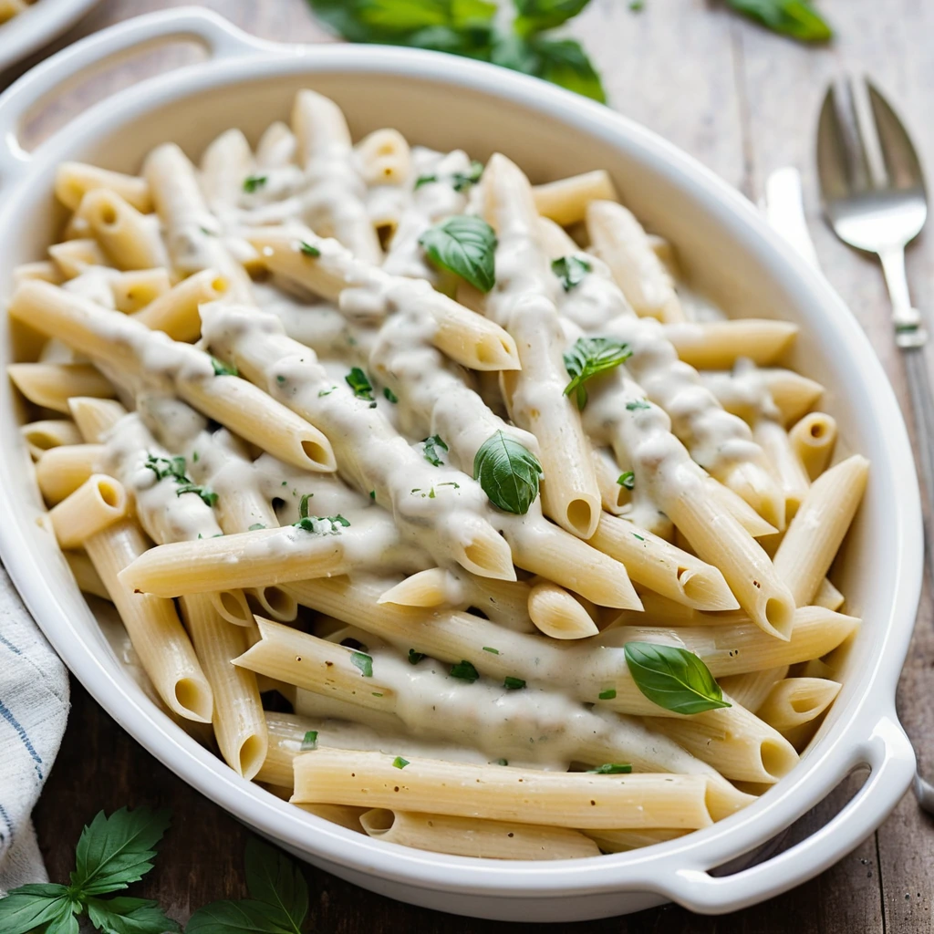 Baked penne pasta covered in creamy white sauce with turkey and melted cheese, topped with fresh parsley.