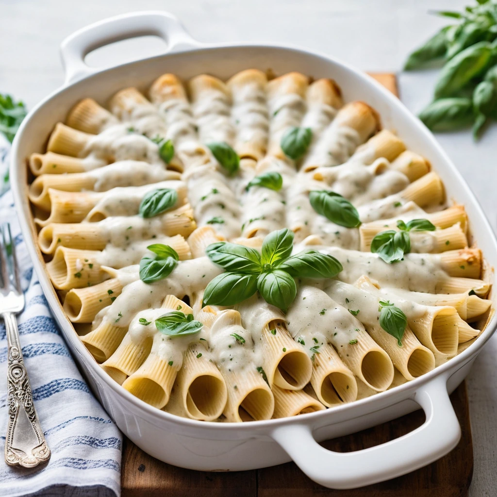 Baked pasta shells in creamy alfredo sauce topped with melted mozzarella, served in a casserole dish
