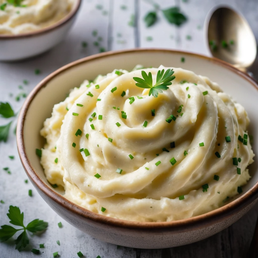Golden, stretchy cheese-laden mashed potatoes in a rustic bowl with a sprinkle of chives on top.