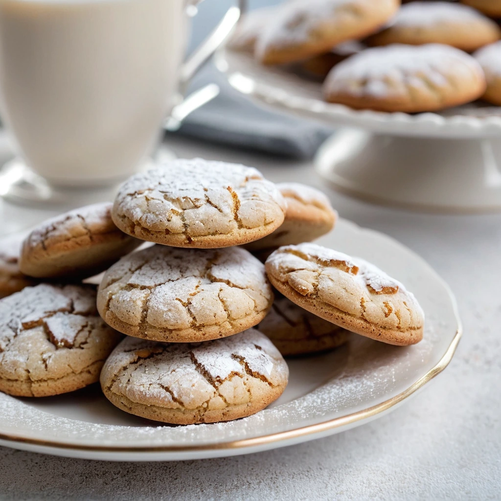 Golden brown almond cookies on a white plate with a sprinkle of powdered sugar.