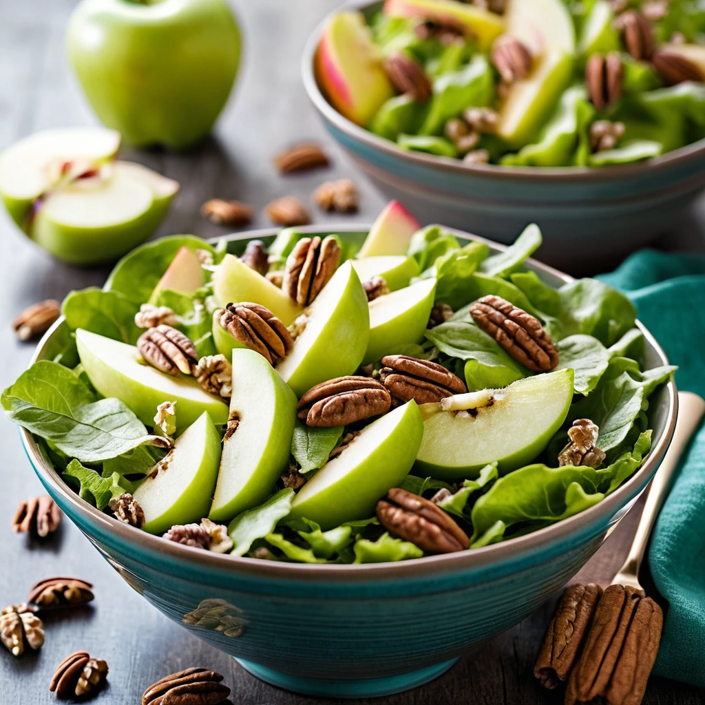 A vibrant salad in a bowl with green lettuce, red apple slices, orange candied pecans, and cubes of sharp cheddar.