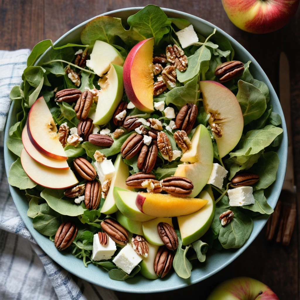 Colorful salad with greens, red apple slices, orange cheddar cubes, and golden toasted pecans.