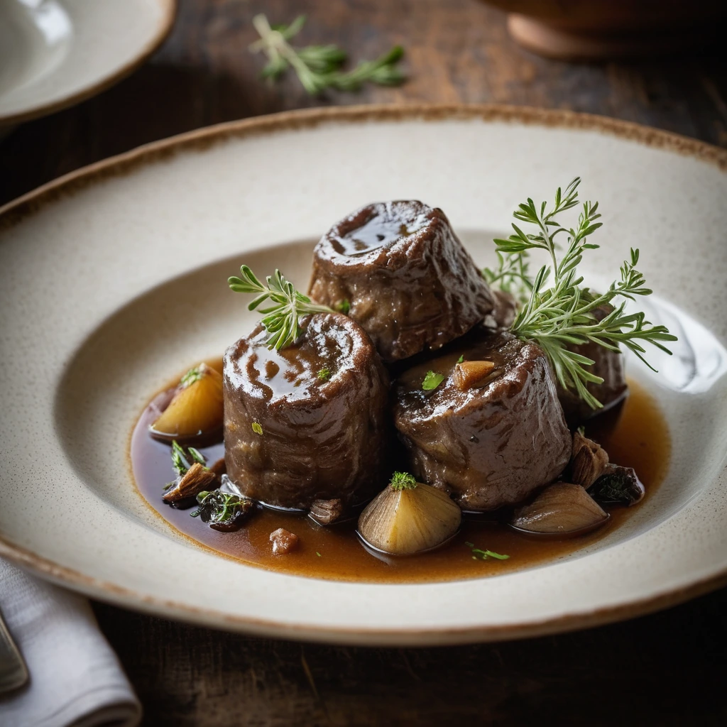 Pork cheeks in a golden-brown sauce, garnished with fresh thyme on a rustic plate.