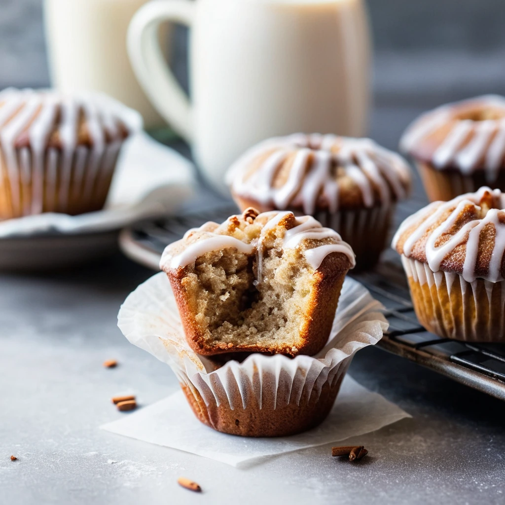 Golden brown muffin bites dusted with cinnamon and drizzled with a creamy white glaze.