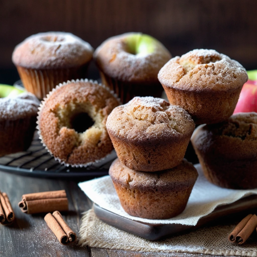 Golden brown muffin bites dusted with cinnamon sugar, arranged on a rustic wooden board.