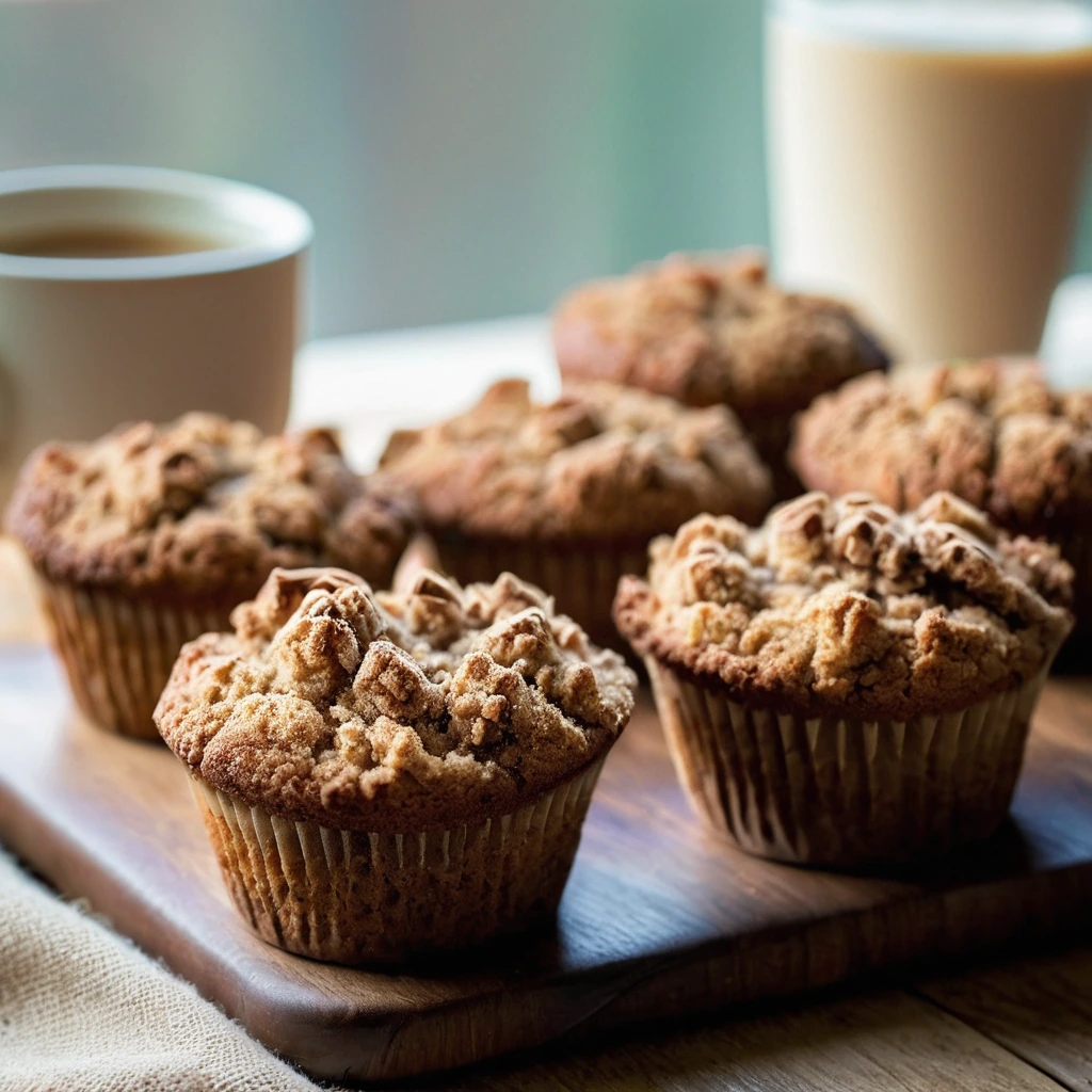 Golden muffins with cinnamon-sugar topping arranged on a rustic wooden board.