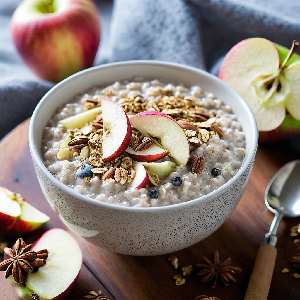 Creamy oats in a bowl topped with diced apple slices and a sprinkle of cinnamon, with chia seeds mixed throughout.