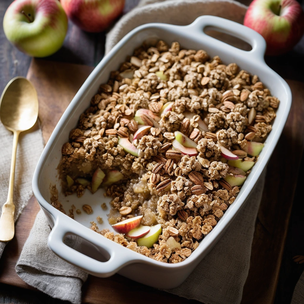 A rustic baking dish filled with cinnamon-scented apples and topped with a golden brown, crunchy oatmeal crumble.