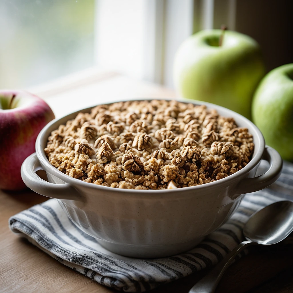 A rustic bowl of golden apple crumble with a streusel topping, garnished with fresh mint.