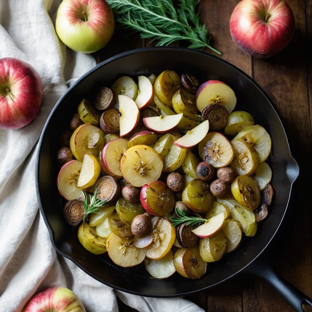 Colorful skillet with golden potatoes, fennel sausage, and red apple slices.