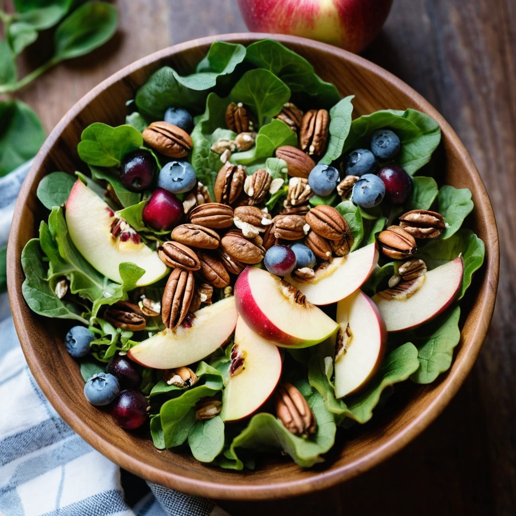 Colorful salad in a wooden bowl with greens, red apple slices, golden pecans, and a drizzle of orange dressing.