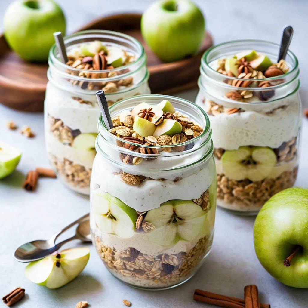 Layered parfait glasses with golden oats, diced green apples, and a sprinkle of cinnamon