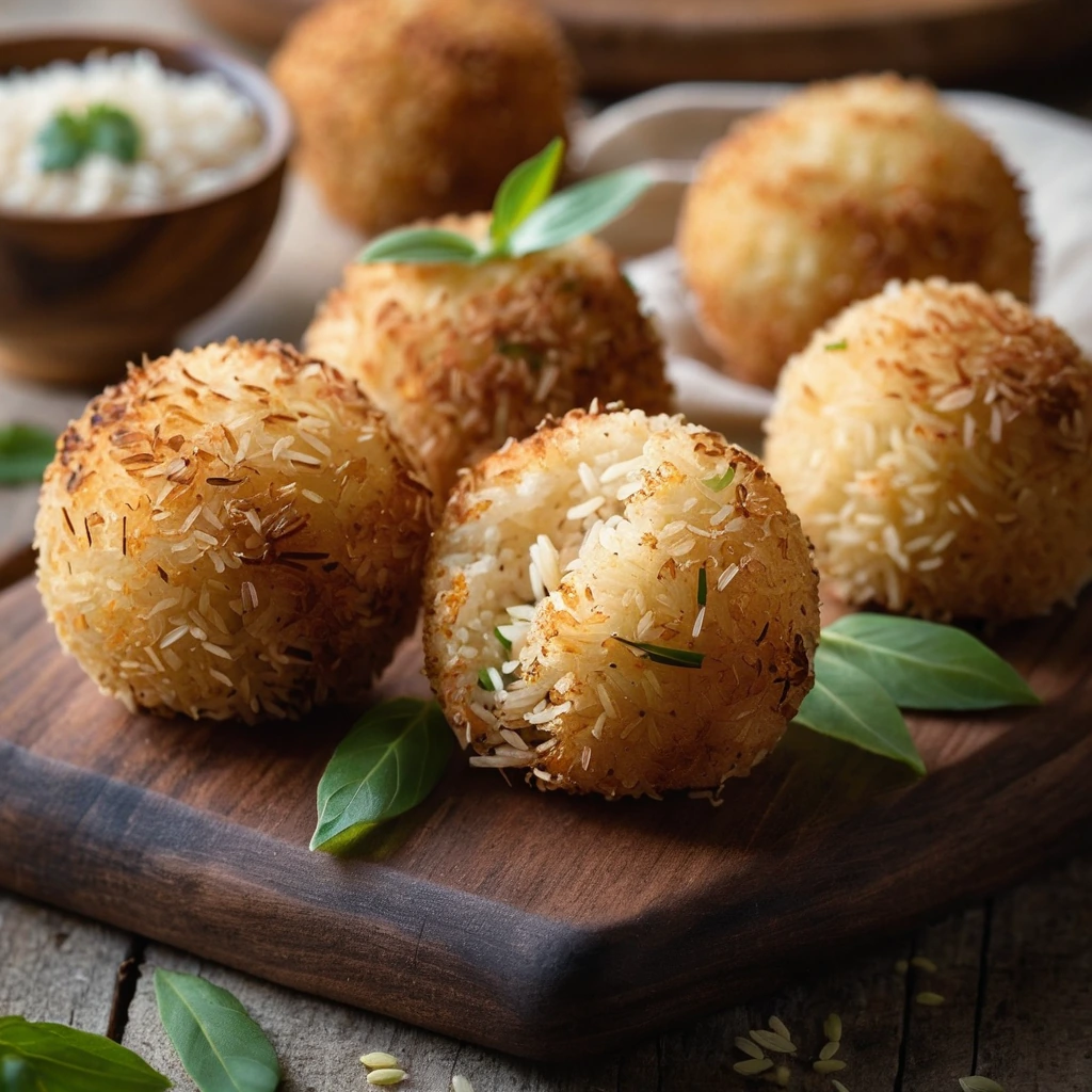 Golden brown rice balls with a crispy exterior, placed on a rustic wooden board.