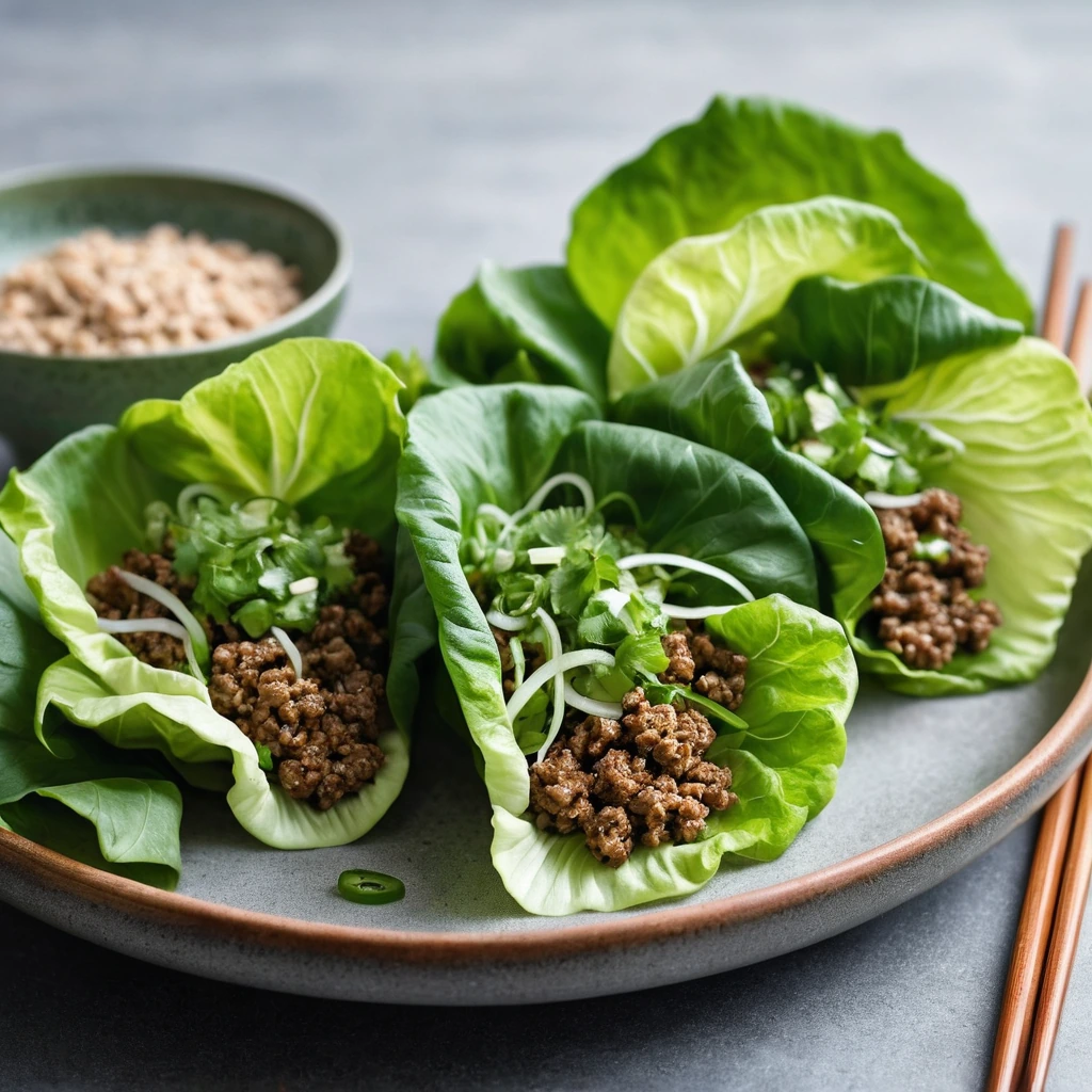 Green lettuce leaves stuffed with golden-brown ground pork mixture garnished with green scallions.