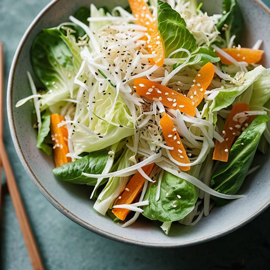 colorful slaw in a white bowl with green cabbage, orange carrots, and white sesame seeds sprinkled on top