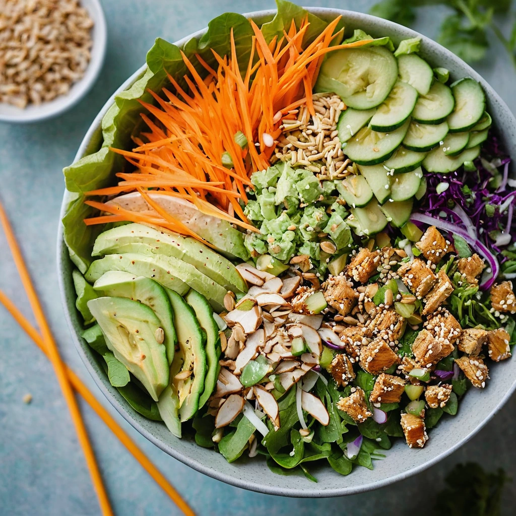 Colorful bowl of chopped salad with shredded chicken, vegetables, and toasted sesame seeds drizzled with orange dressing.